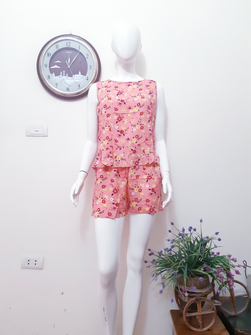 Bộ Lanh Lụa Quần Ngắn Hoa Bèo