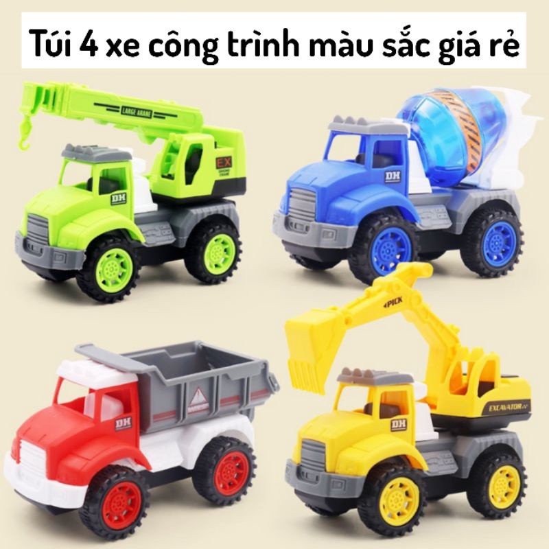 SET 4 xe đồ chơi - xe công trình bánh đà