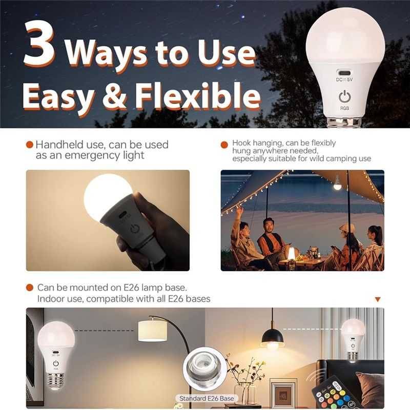 LED Rechargeable Light Bulbs with Remote E26 Battery Operated Light ...