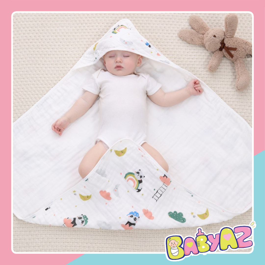 Khăn ủ xô sơ sinh, ủ choàng cotton 4 lớp, khăn tắm có mũ cho bé, khăn quấn ủ xô vuông Organic cho bé sơ sinh BabyAZ.
