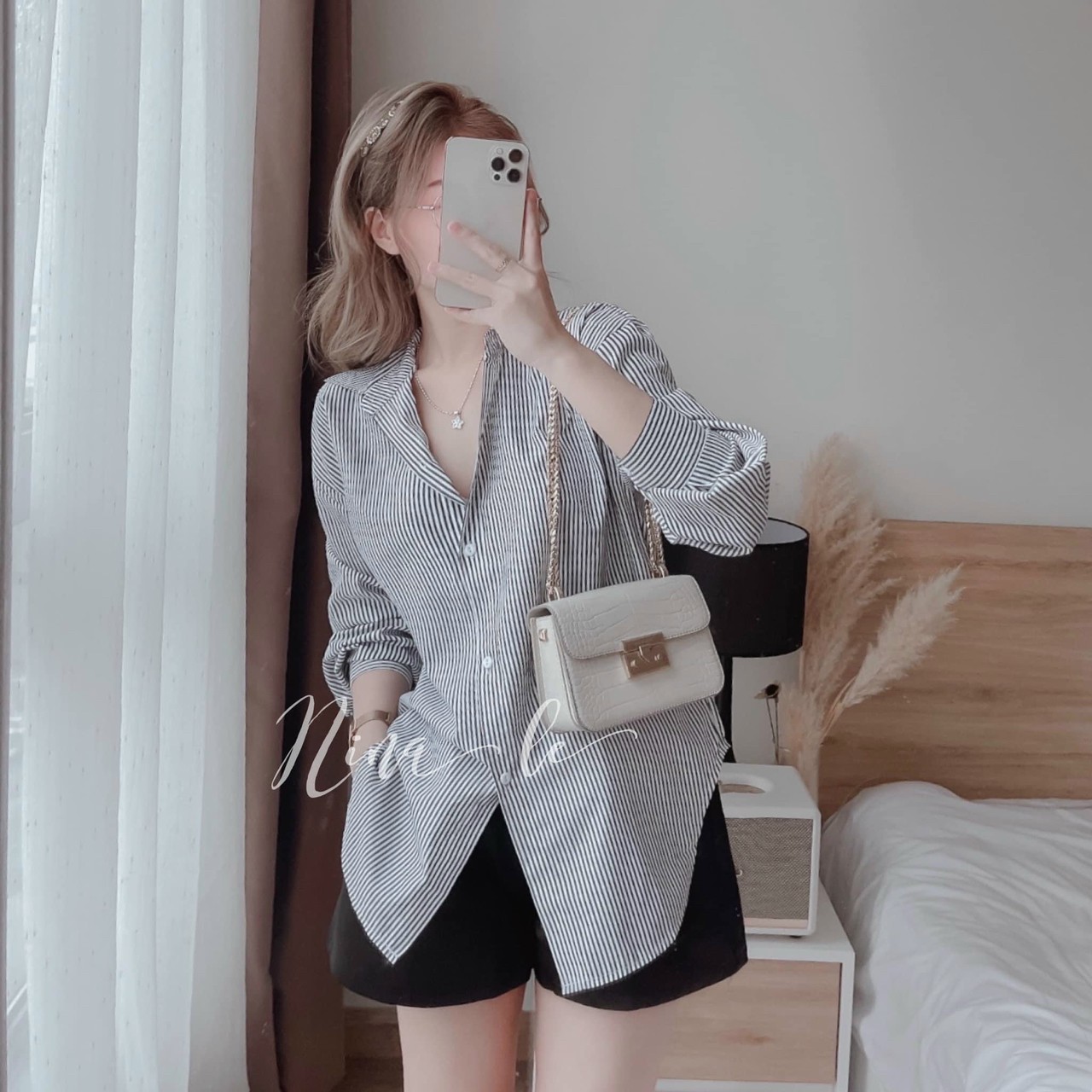 Sét bộ đùi áo sơ mi sọc kẻ, quần for thời trang mùa hè