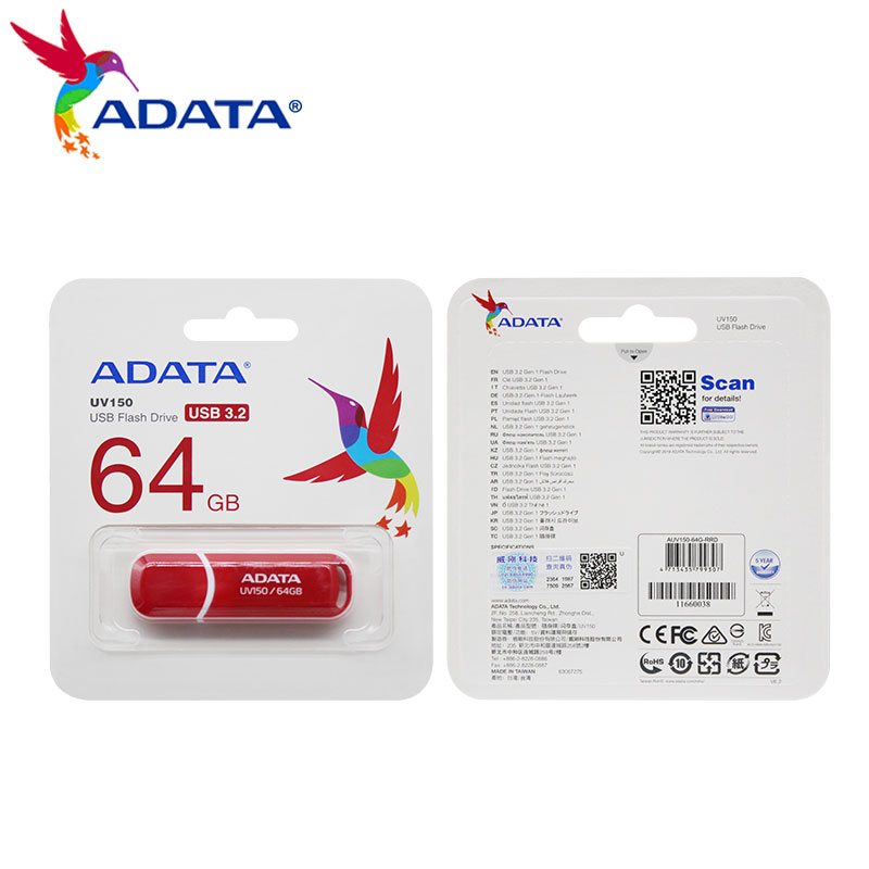Original ADATA UV150 USB Flash Drive 64GB 32GB High Speed USB 3.2 Flash Drive Red Pen Drive for Computer U Disk. 