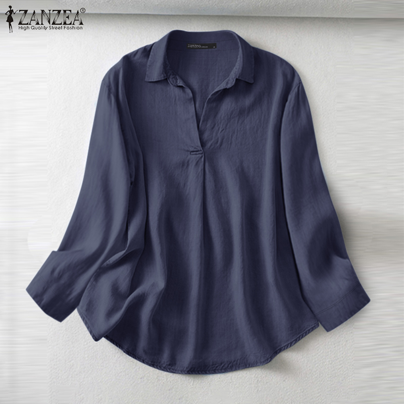 ZANZEA%20Women's%20Shirts%20Vintage%20Casual%20Lapel%20Long%20Sleeve%20Button%20Cuffs%20Solid%20Blouses%20Top%20-%20Image%203