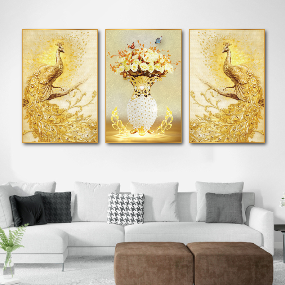 (Tặng đinh treo) Tranh chim công hoa mẫu đơn Abstract painting Tranh tráng gương chim công tranh tranh khổ lớn 40x60cm tranh phong thủy treo phòng khách