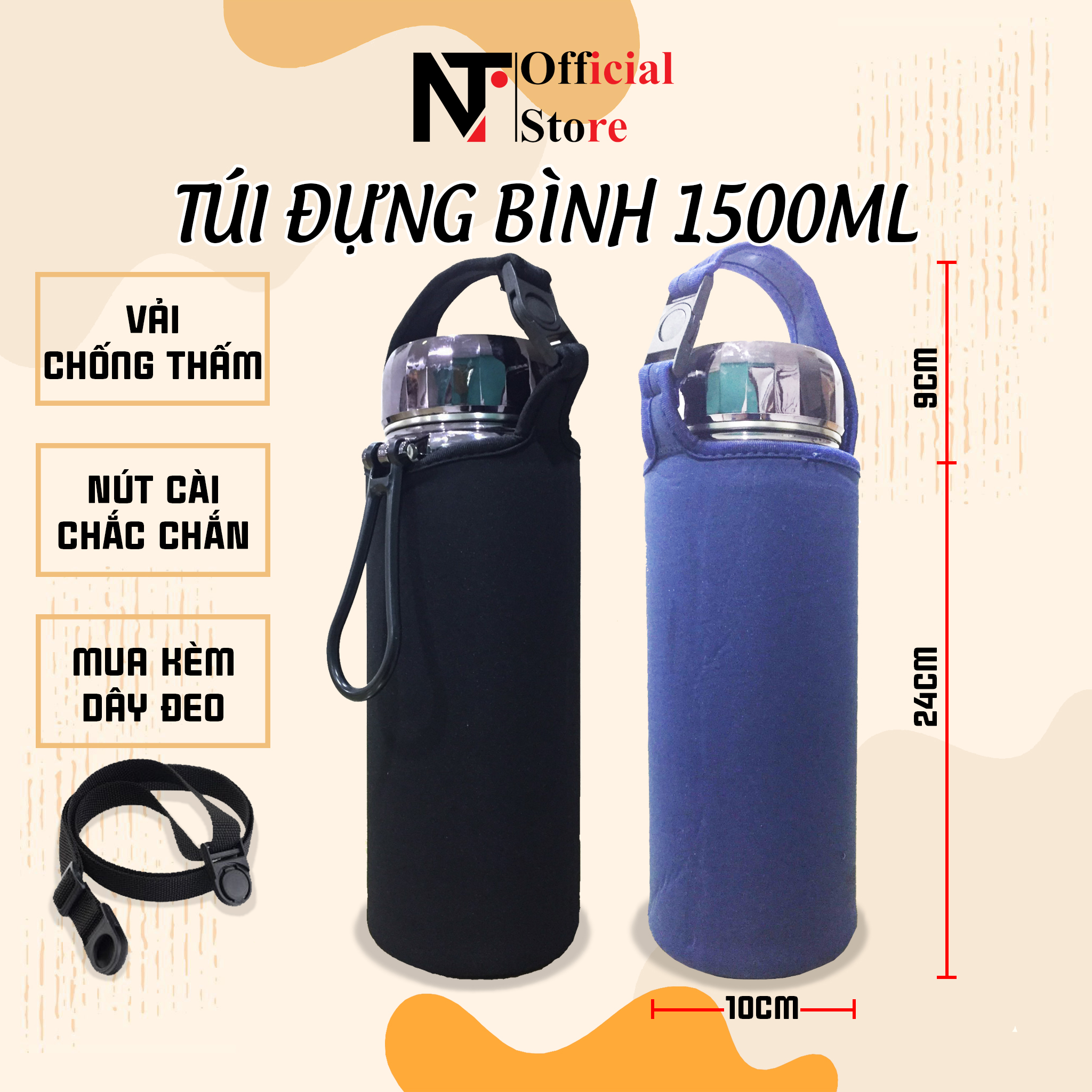 Túi đựng bình nước, túi đựng bình giữ nhiệt 1500ml, 1200m, 1000ml vải chống thấm, chống va đập