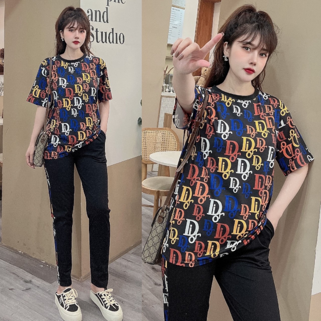 Bộ thun dài thời trang form rộng kí tự màu (đen)
