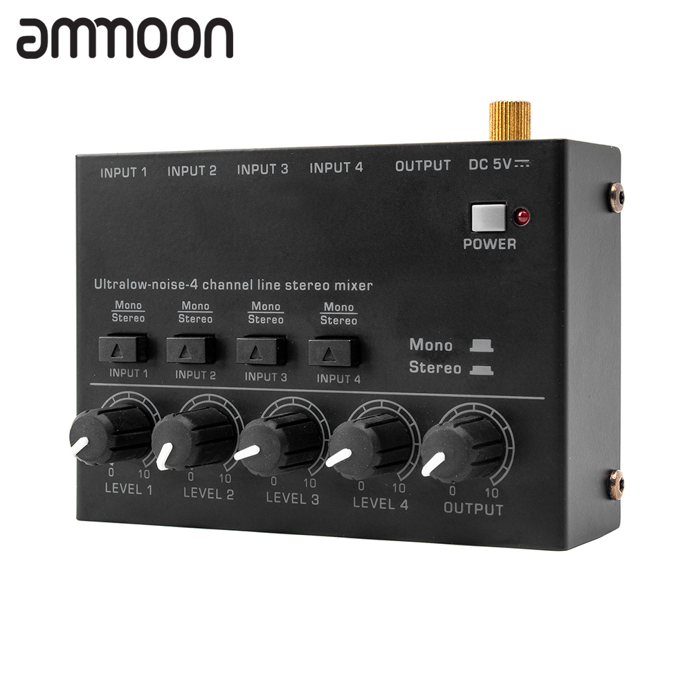 Ultra Low Noise 4 Channel Line Stereo Mixer 4 Input 1 Output DC 5V Mini Audio Mixer Microphone Guitar Bass Keyboard Mixers for Club Bar Stage Studio