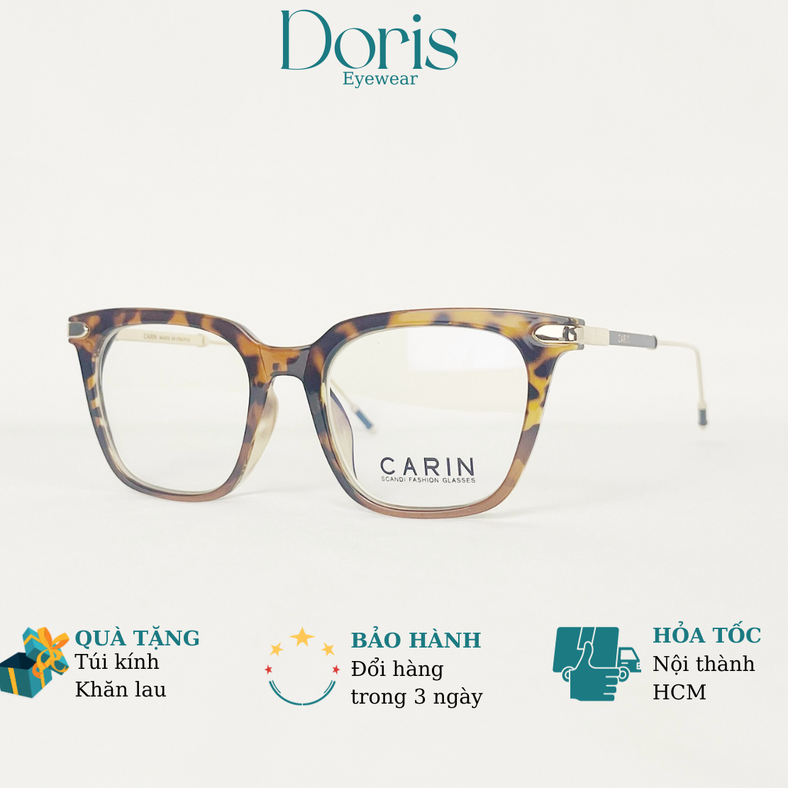 Gọng kính cận nam nữ carin dáng vuông màu cam đồi mồi 9028 doris