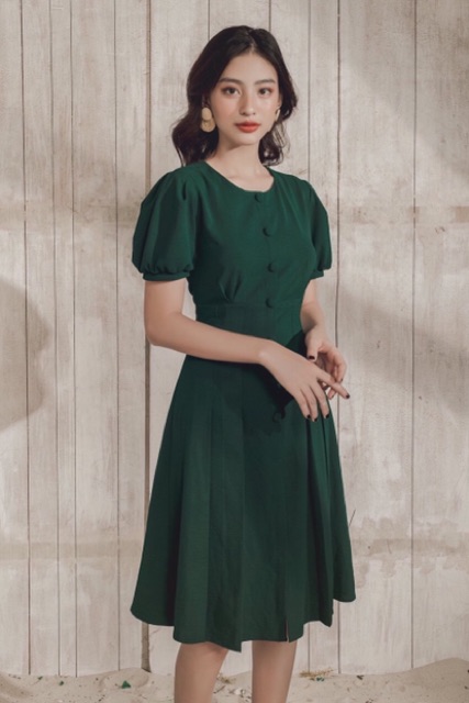 Đầm váy xanh lính cổ tròn