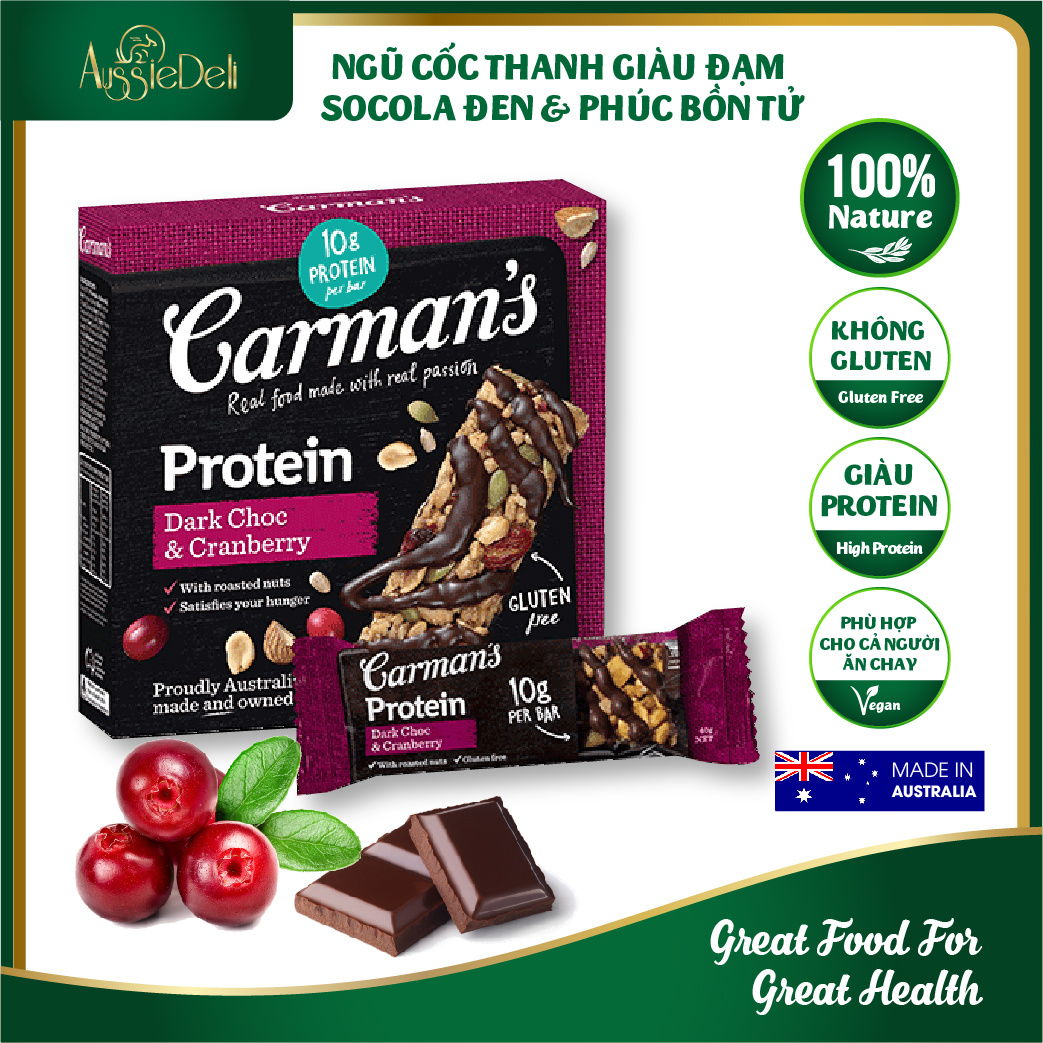 Thanh giàu đạm Carmans Protein Bar Dark Choc & Cranberry - Socola đen & nam việt quất - 200g, chất lượng đảm bảo an toàn đến sức khỏe người sử dụng, cam kết hàng đúng mô tả thumbnail