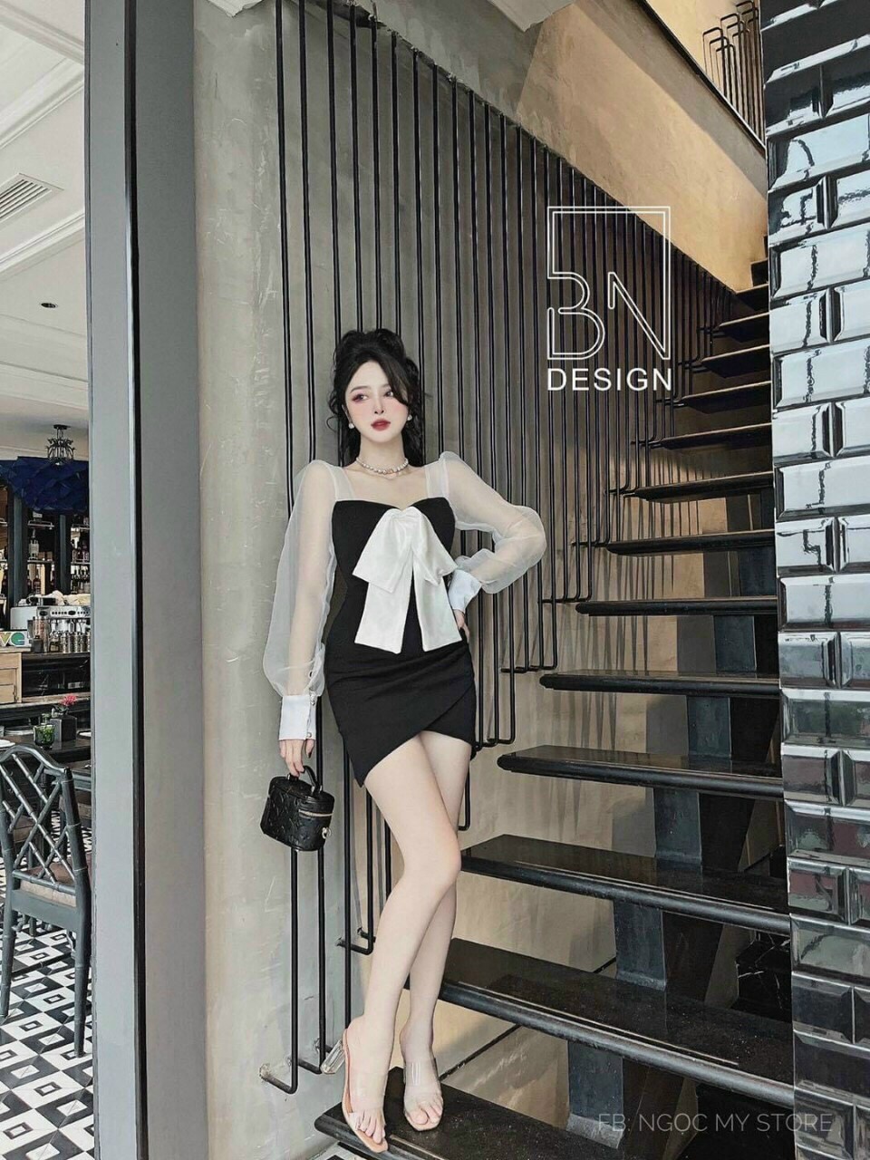 [ hàng mới] Đầm nơ Ngực Tay phối lới siêu xinh