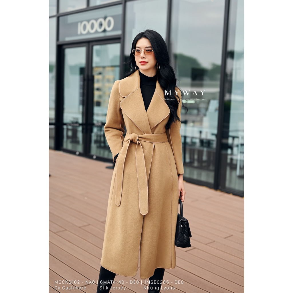 Áo khoác dạ nữ dáng dài my way phối đai sang trọng mcckg102