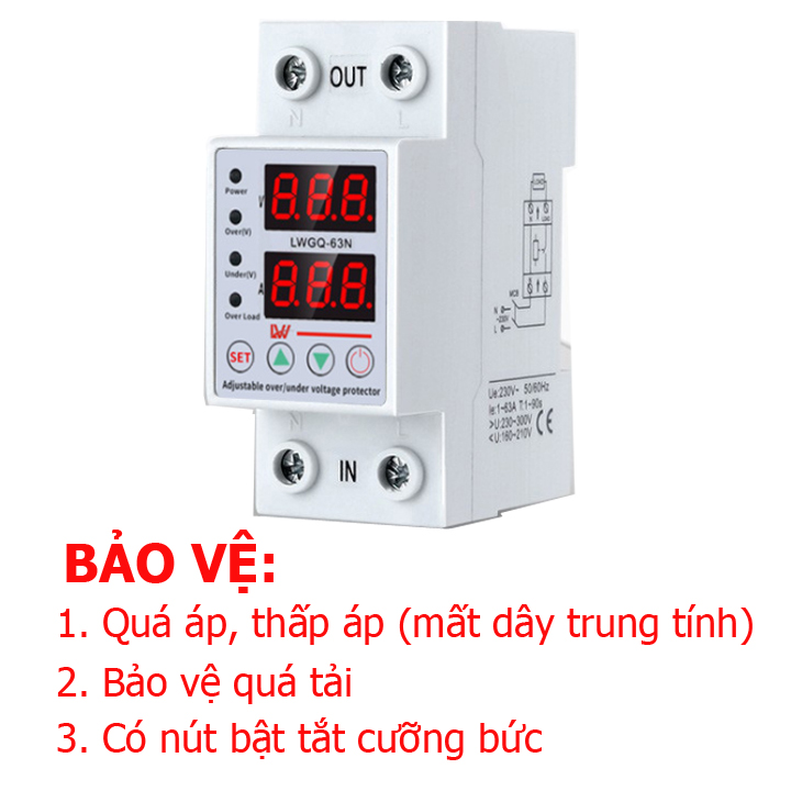 Bảo vệ quá áp, thấp áp, quá dòng 63A LW