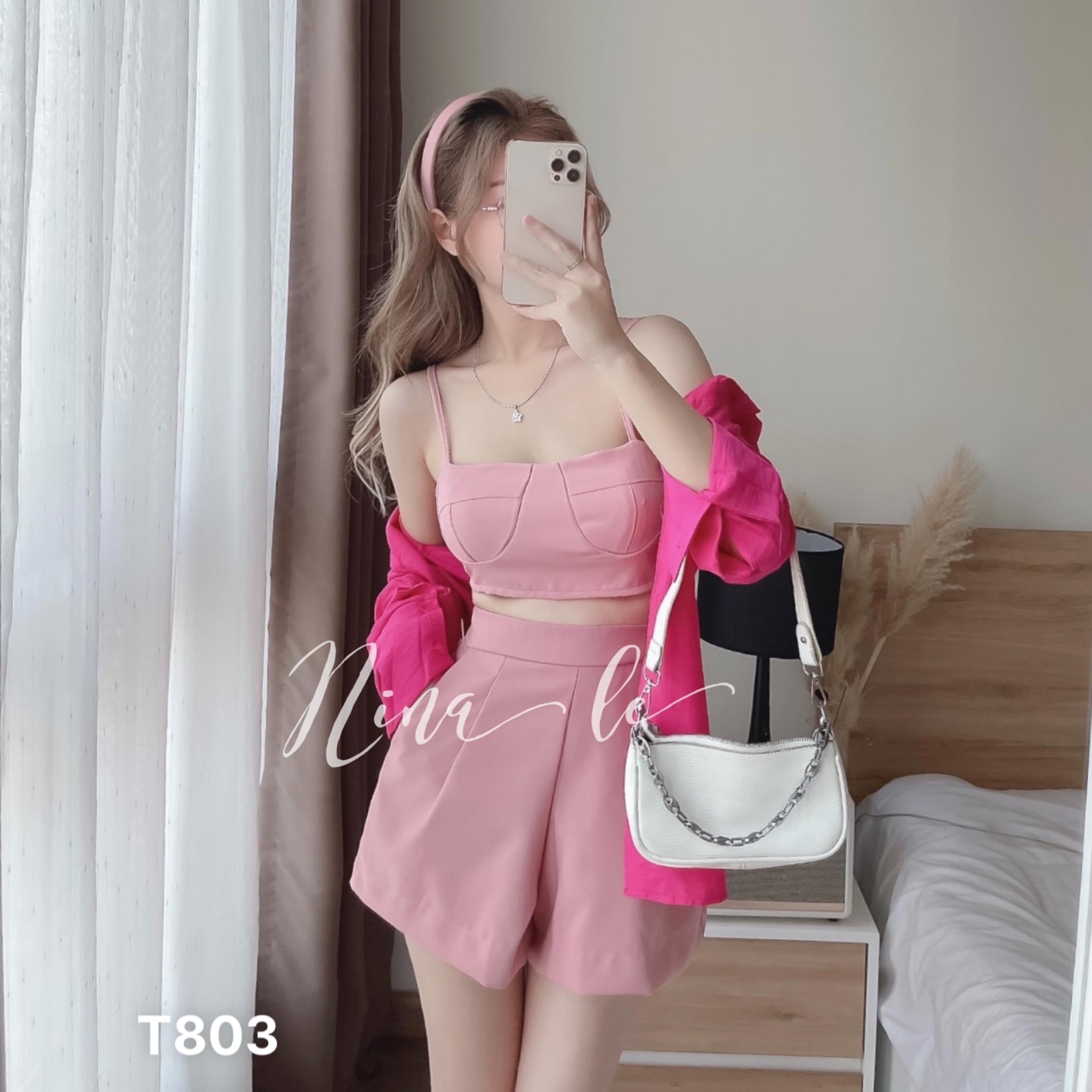 Bộ 3 món áo 2 dây có mút ngực quần đùi nữ kèm áo khoác ngoài tơ xước T803