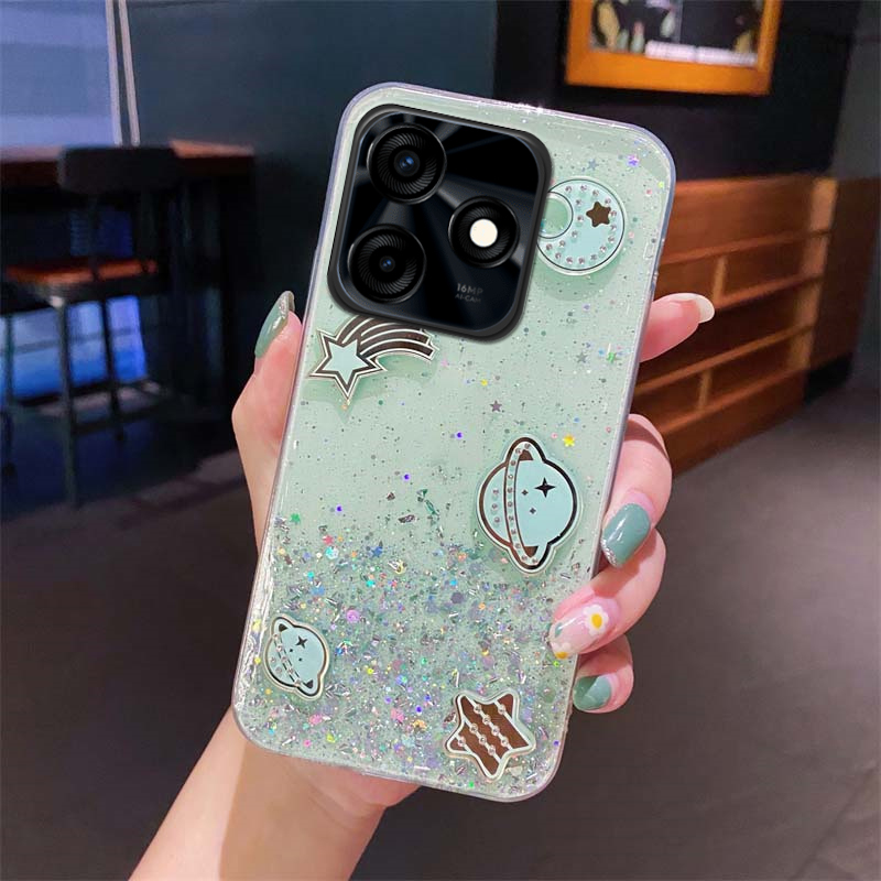 Phone Cover itel P55 4G Sparkling Soft Transparent Silicone Space Planet Stars Moon Girl Anti Fall Case for itel P55 NFC Back Cover.