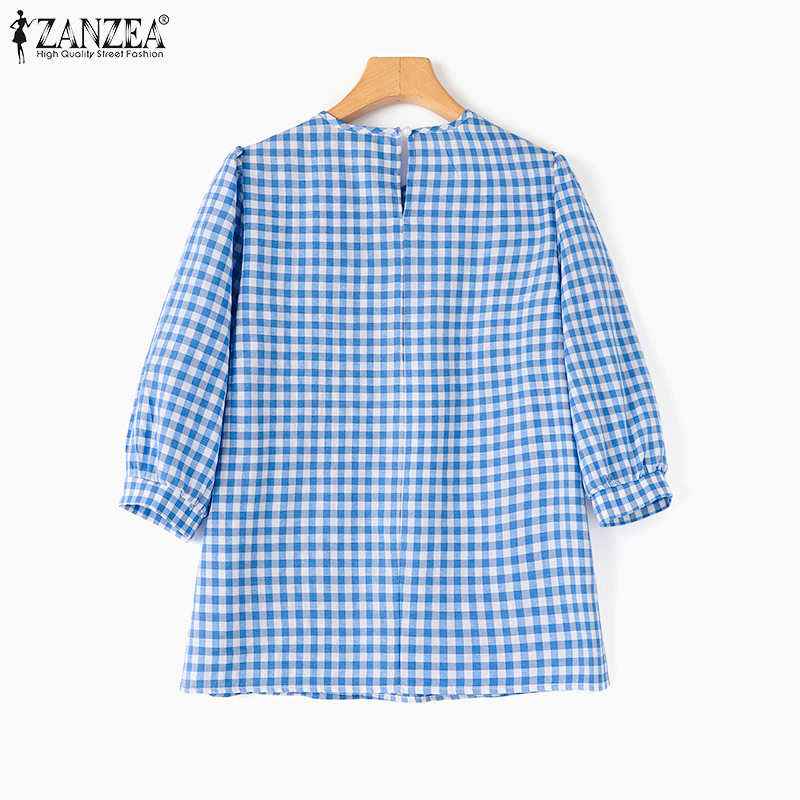 ZANZEA%20Women's%20Blouse%20Summer%20Casual%20Plaid%20Casual%20Ruffle%20Hem%203/4%20Sleeve%20Round%20Neck%20Loose%20Shirt%20Top%20-%20Image%205