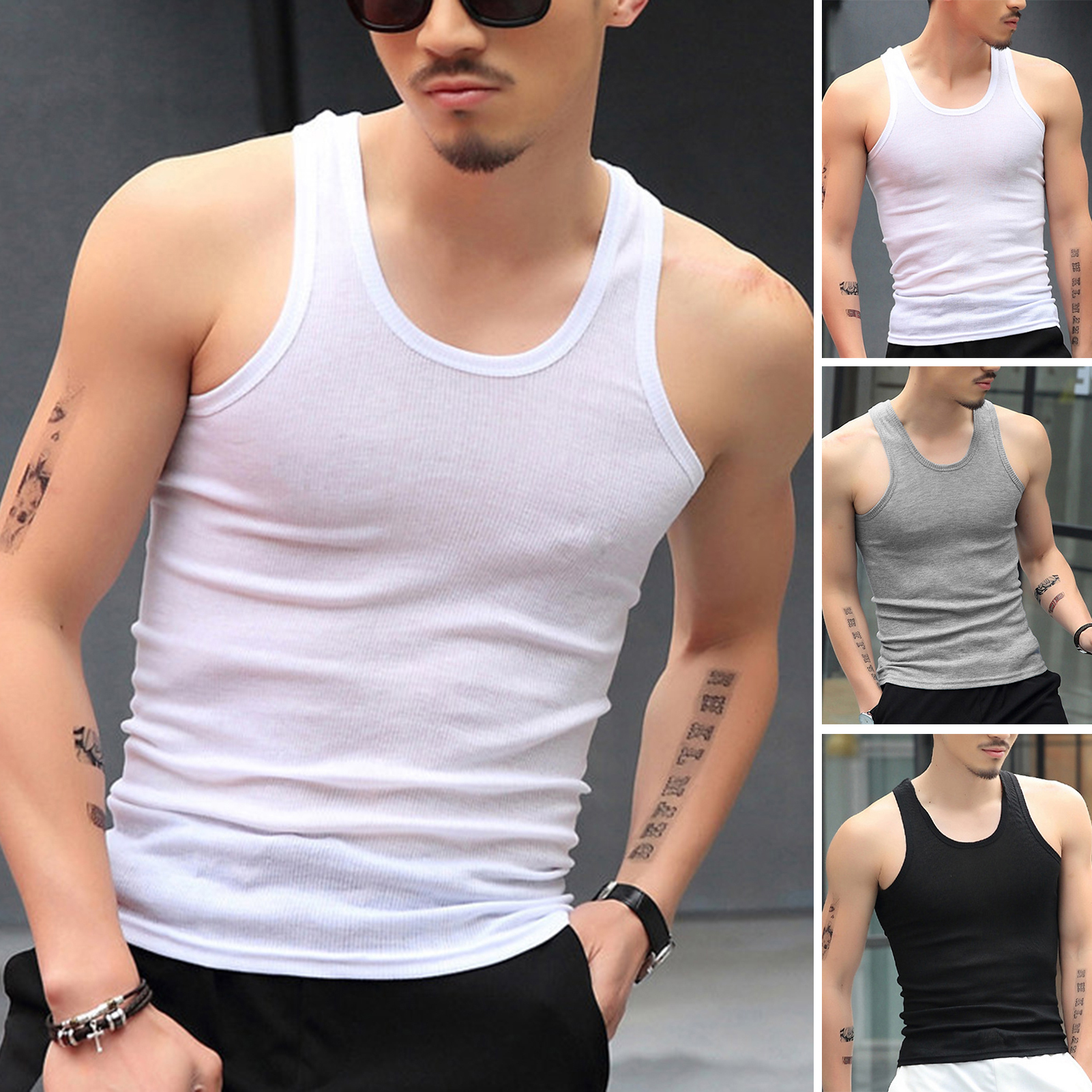 Men O-neck Sleeveless Tank Tops Solid Color Slim Fit Fitness Gym Workout Undershirt Bodybuilding Running Vest