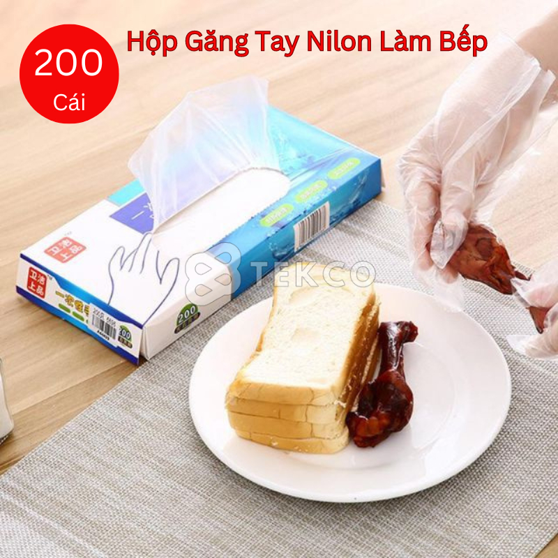 Hộp 200 găng bao tay nilon rút dùng 1 lần - găng tay nilon làm bếp, nhuộm tóc, làm tóc