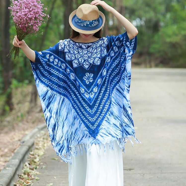 WhiteTime Retro Style Cape Women Beautiful Batik Tie Dye Cape Travel Photo Pullover Cape Loose Plus Size Small T-shirt T-shirt Everything301T3892