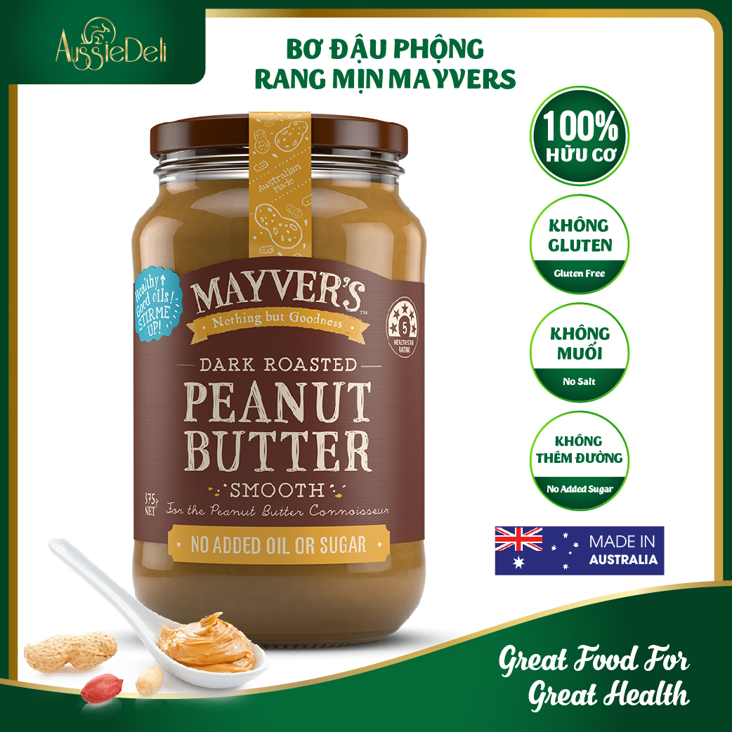 bơ đậu phộng rang mịn mayvers - mayver s dark roasted peanut butter smooth - hủ 375g 1