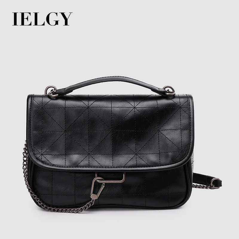 IELGY Portable Chain All-match Retro Fashion Women's bag Black One shoulder Rhombus Crossbody