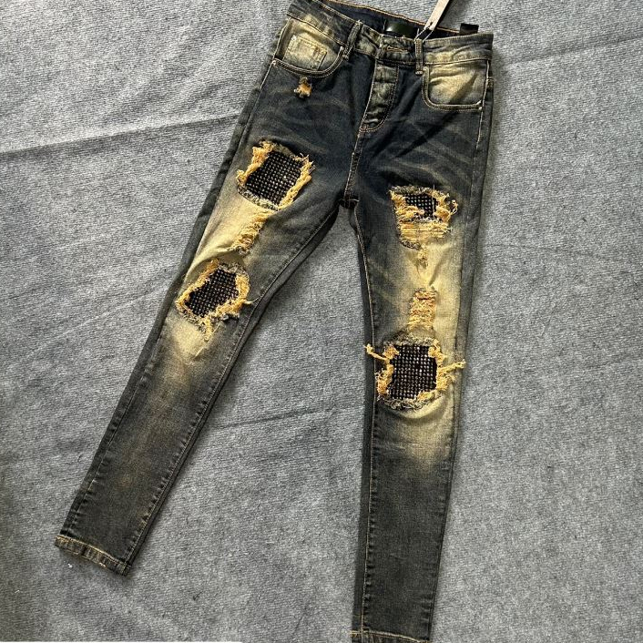 Quần JEAN Đính Đá Xanh Rêu Phối Loang Vàng, Quần bò nam đính đá bản rách xước tua vàng xanh mài Xưởng May Phong Dũng MQU 036