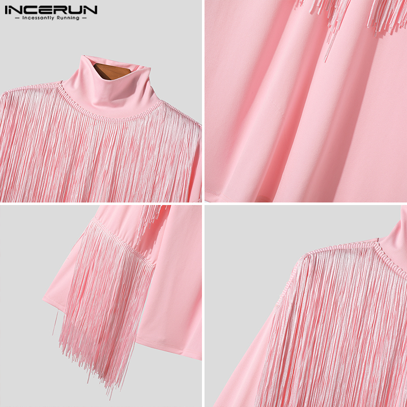 INCERUN Mens Long Sleeve High Neck Personality Party Plain Pullover Tassel Patchwork T-Shirts (Western Style)