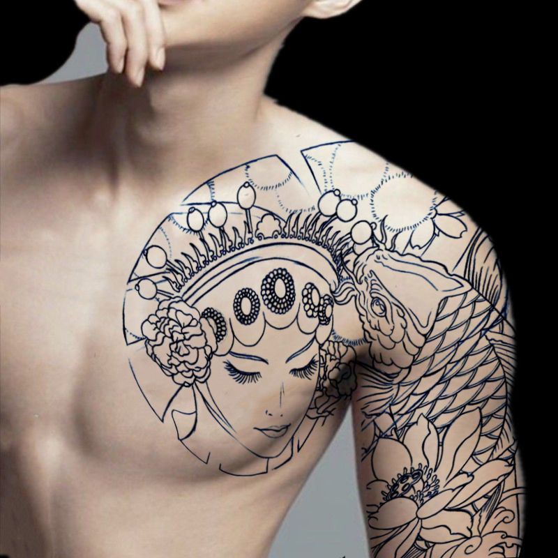 Hình xăm trước ngực cánh tay rồng nửa giáp dán không thấm nước lâu dài mô phỏng hình xăm không phản quang dán hai con rồng hí châu cắt đường