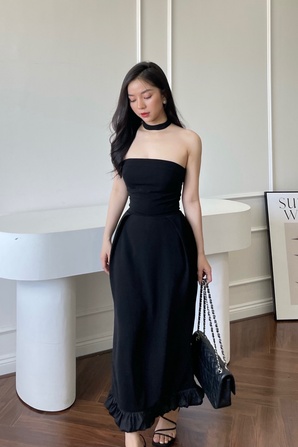 Đầm Cup Đen Phôi Lai Bèo Đen Kèm Dây Cổ - Xipi