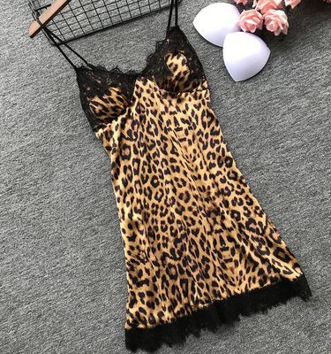 Sexy Sling Dress Women's Leopard Print Nightdress Padded Pajamas Gathered Lace Nightdress