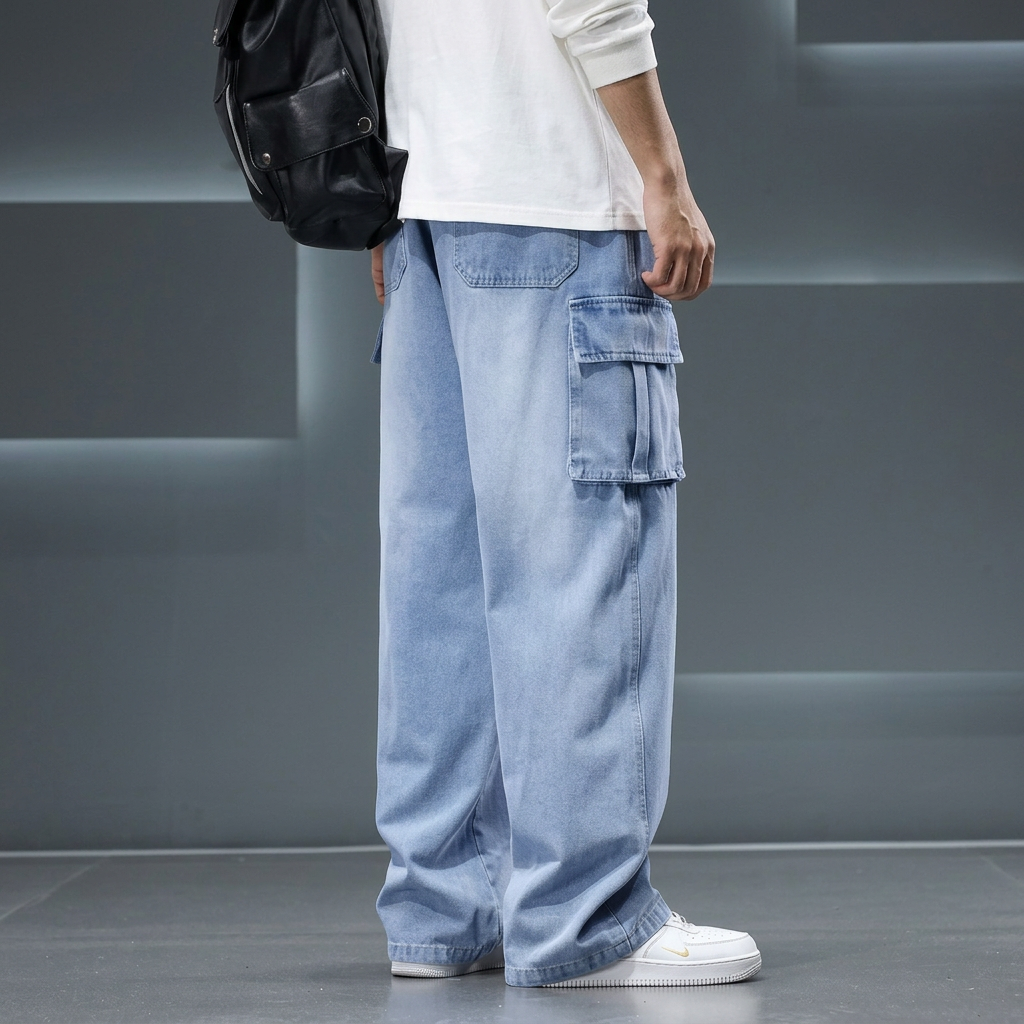 Men's Baggy Jeans Plus Size 2025 Autumn New Streetwear Wide Leg Straight Denim Pants with 6 Pockets