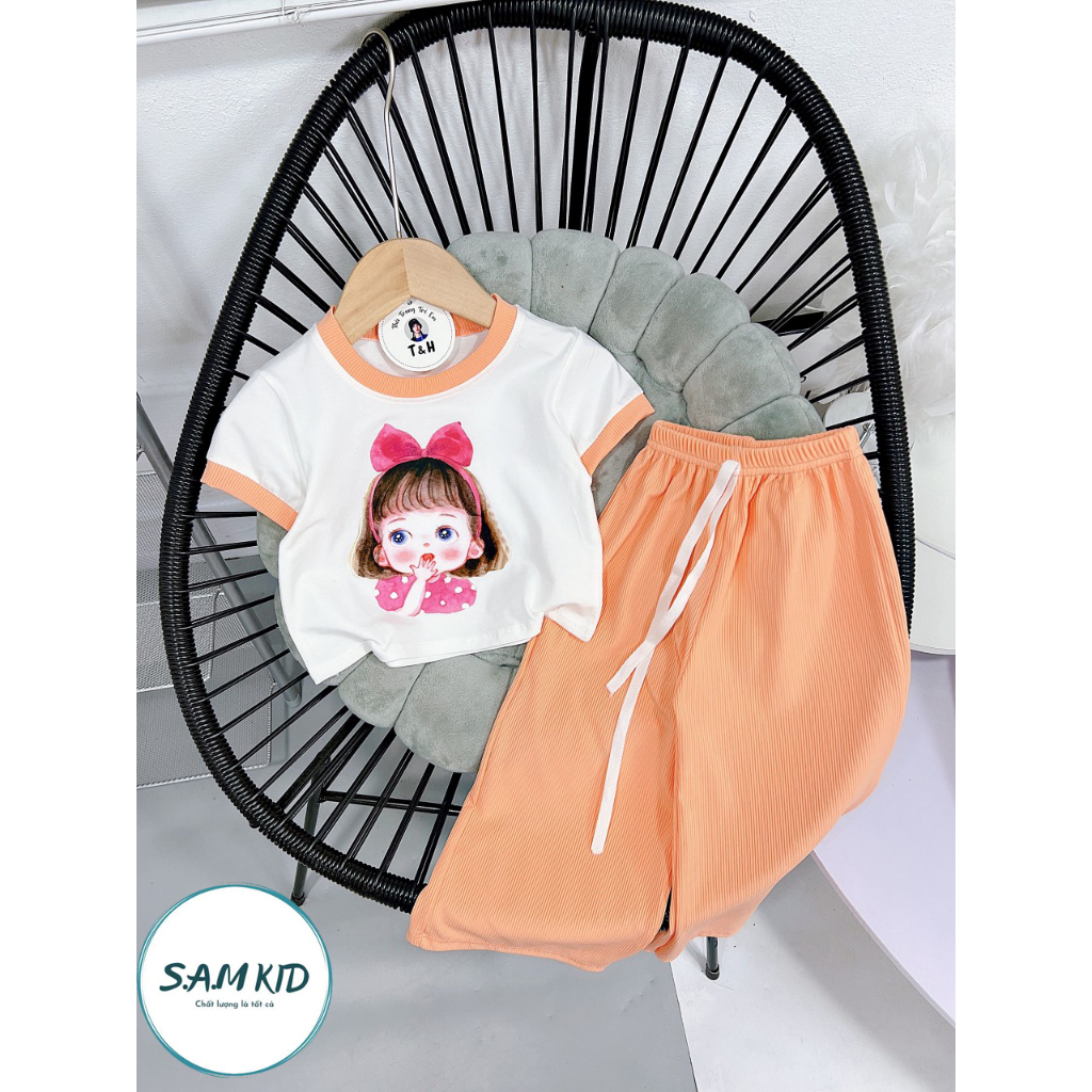 [8-40kg] Đồ bộ bé gái quần ống rộng thu gân lụa