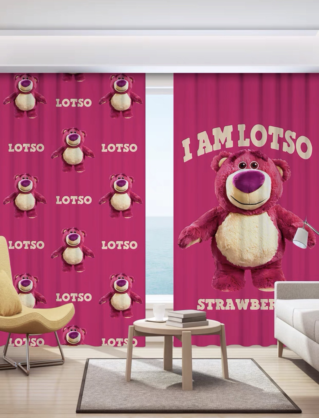 Rèm khoen lỗ, khoen ri đô, rèm dán mẫu gấu lotso hồng trang trí cửa sổ