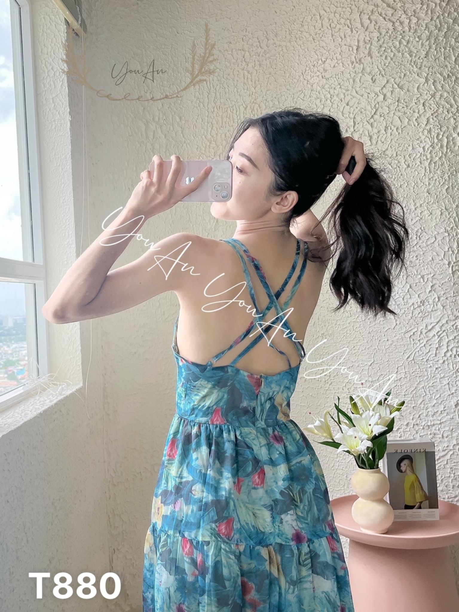 Maxi lụa nữ 2 dây đi biển voan hoa chingfon có mút T880