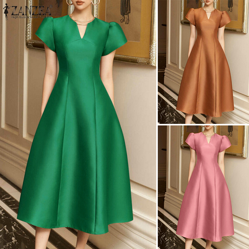 ZANZEA%20Korean%20Style%20Women's%20Dress%20V-Neck%20Puff%20Sleeve%20Dresses%20Party%20Prom%20Elastic%20Waist%20A-Line%20Dress%20-%20Image%204
