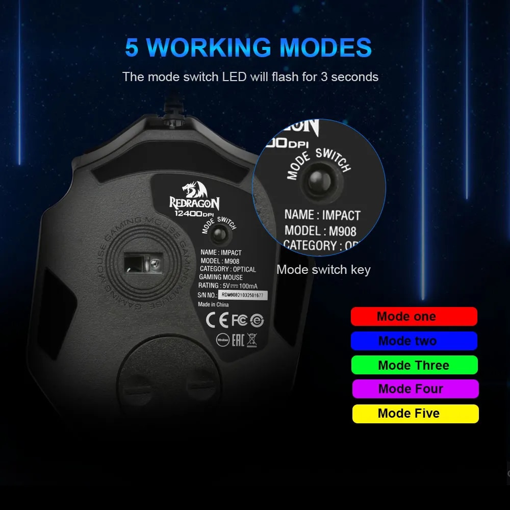 REDRAGON M908 Impact USB Wired RGB Gaming Mouse 12400 DPI 17 Buttons Programmable Game Optical Mice For Computer PC Laptop