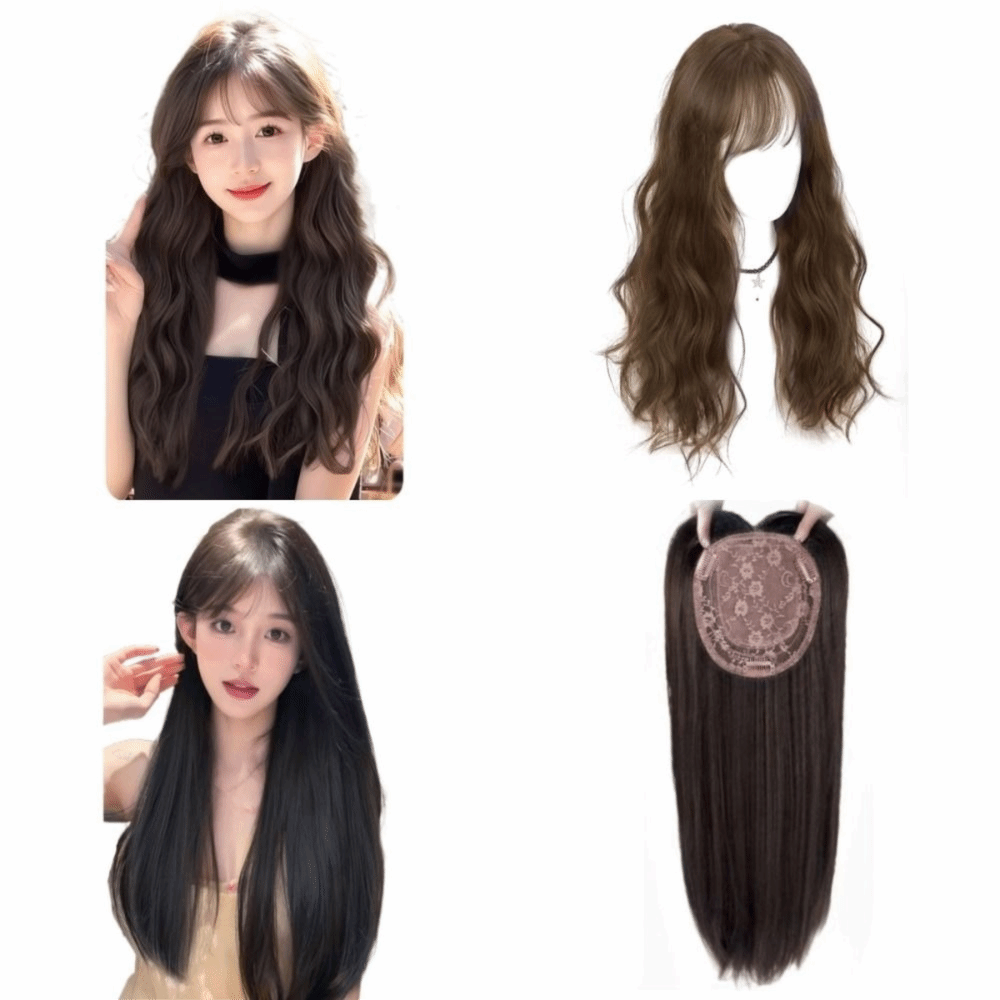 Middle Part Toppers Fashion Middle Part Topper Hairpiece with Bangs Synthetic Wig Straight ...