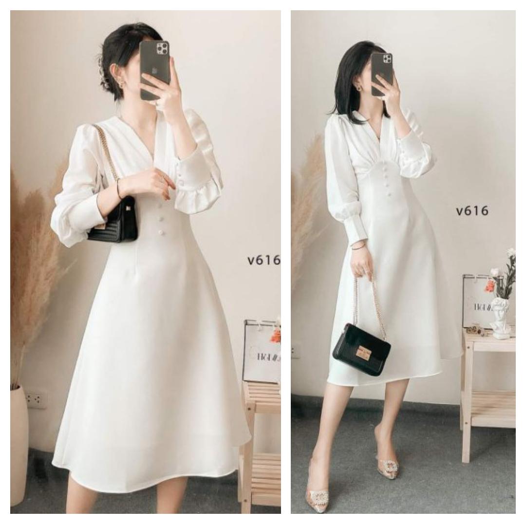 Đầm dự tiệc cổ v tay dài nút bọc thanh lịch sang trọng nt8359