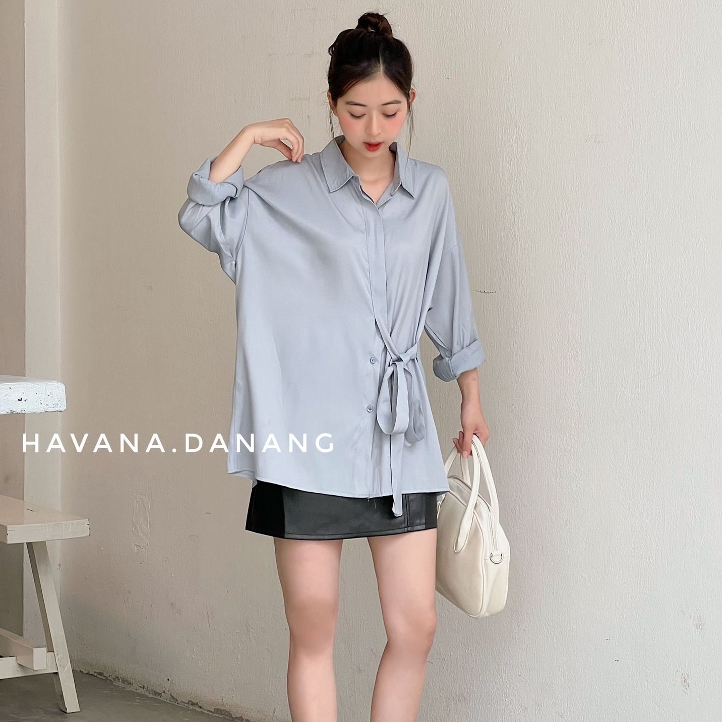 Áo sơ mi lụa nữ dài tay, sơ mi buộc eo mềm mịn freesize