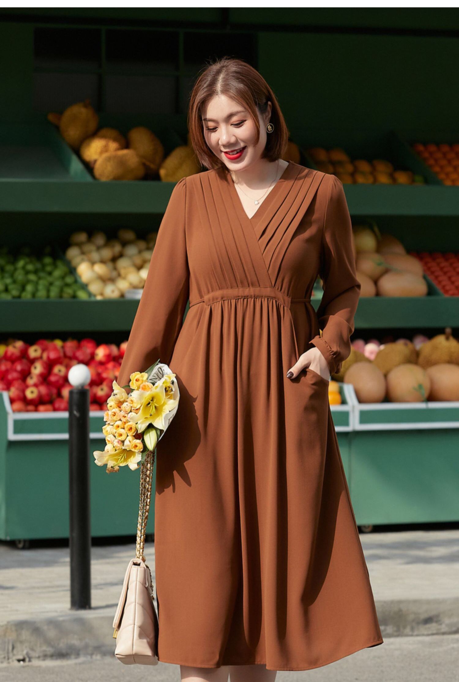 Đầm kiểu cổ V tay dài có túi bigsize cao cấp - BSpo322