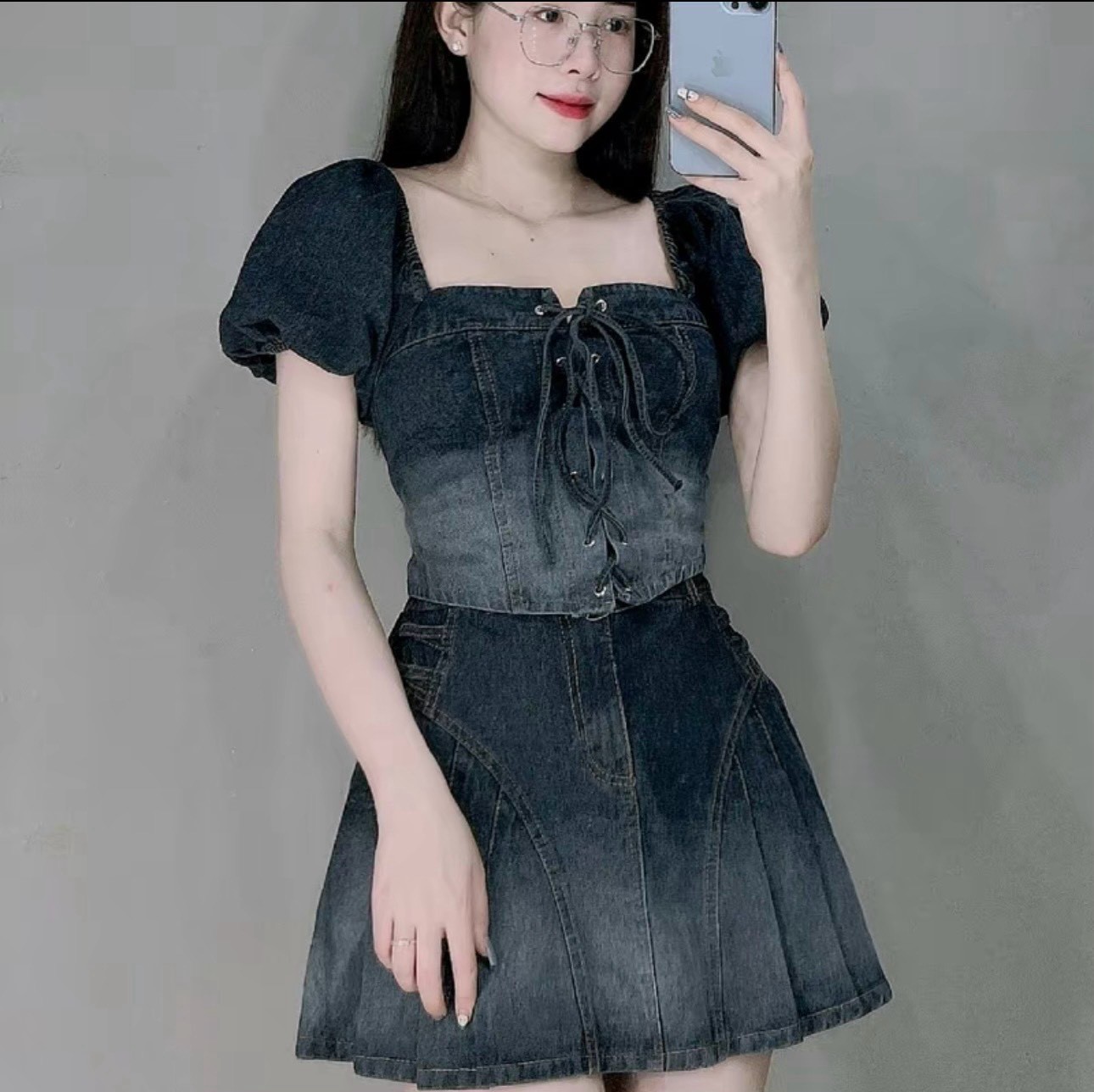 Set áo váy nữ chất jeans phối thắt dây - set áo váy nữ yuri 2018