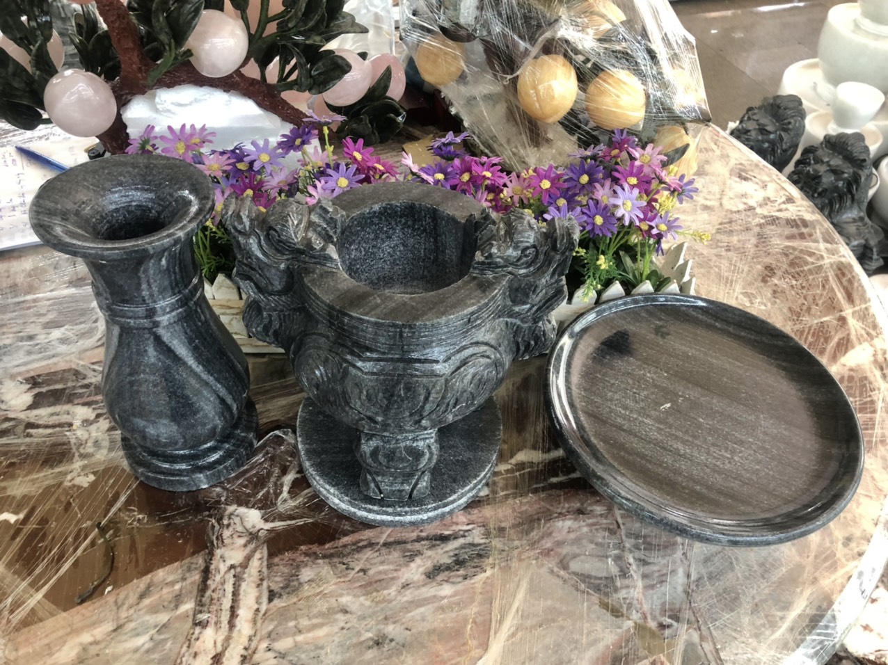 Bộ đồ thờ cúng đá cẩm thạch vân đen size 25 cm