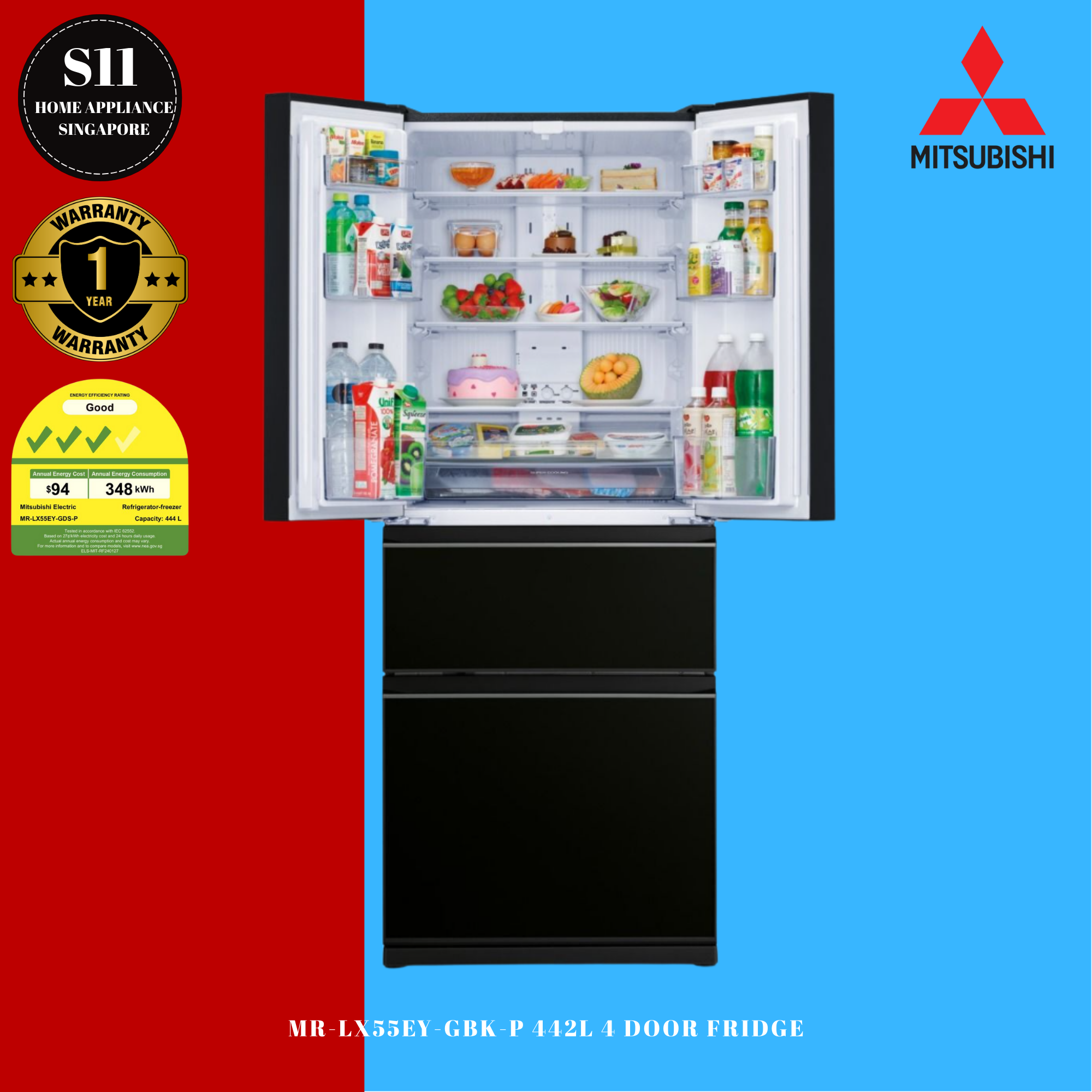 MITSUBISHI MR-LX55EY 442L 4 DOOR FRIDGE (3 TICKS) + 1 YEAR