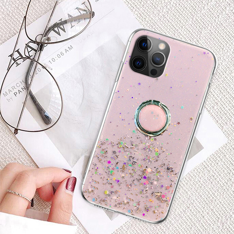Casinglee for VIVO Y15S case Shiny Ring Glitter Soft Transparent Holder Stand Back cover with String for VIVO Y15S Phone cases cover Stars Moon Girls For girls and Boys. 