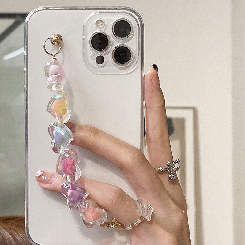 Korea Bracelet Wrist Chain Case for iPhone 15 14 12 Pro Max MiNi 11 XR X XS 7 8 14 Plus 6S SE 2020 13 Pro Max 13 mini 13 11 Pro Max Clear Cute Love Heart Soft Back Cover