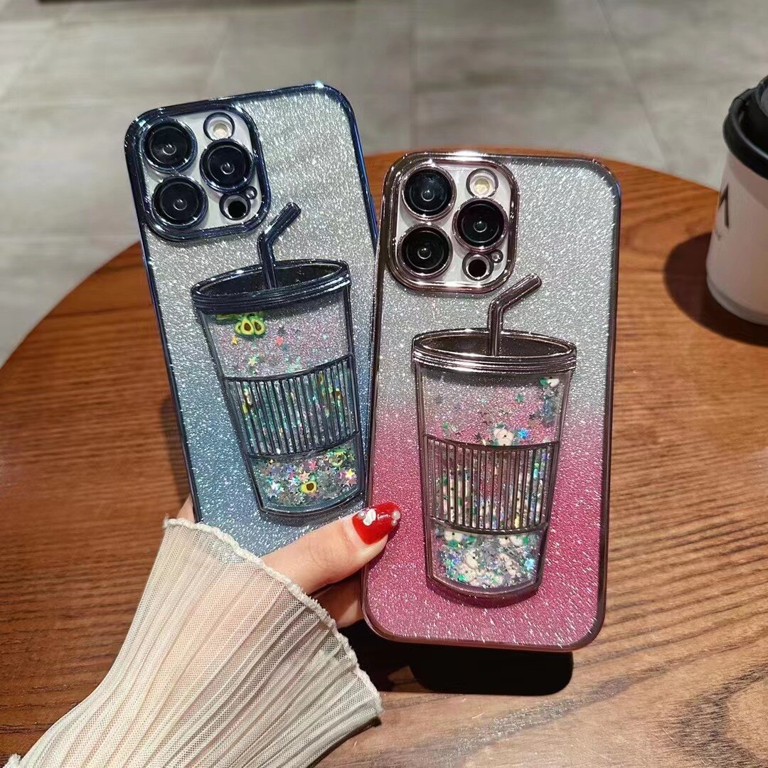Electroplated Liquid Quicksand Milk Tea Cups Phone Case for IPhone 14 Pro Max 11 12 13 Promax Sequins Glitter Solid Back Cover