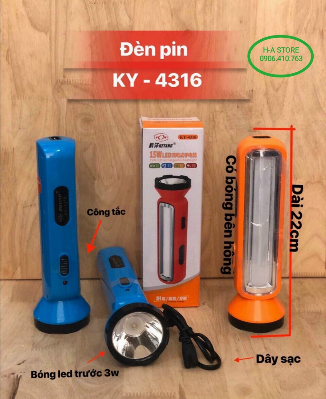 Đèn pin sạc ky 4316 cầm tay có bóng led bên hông