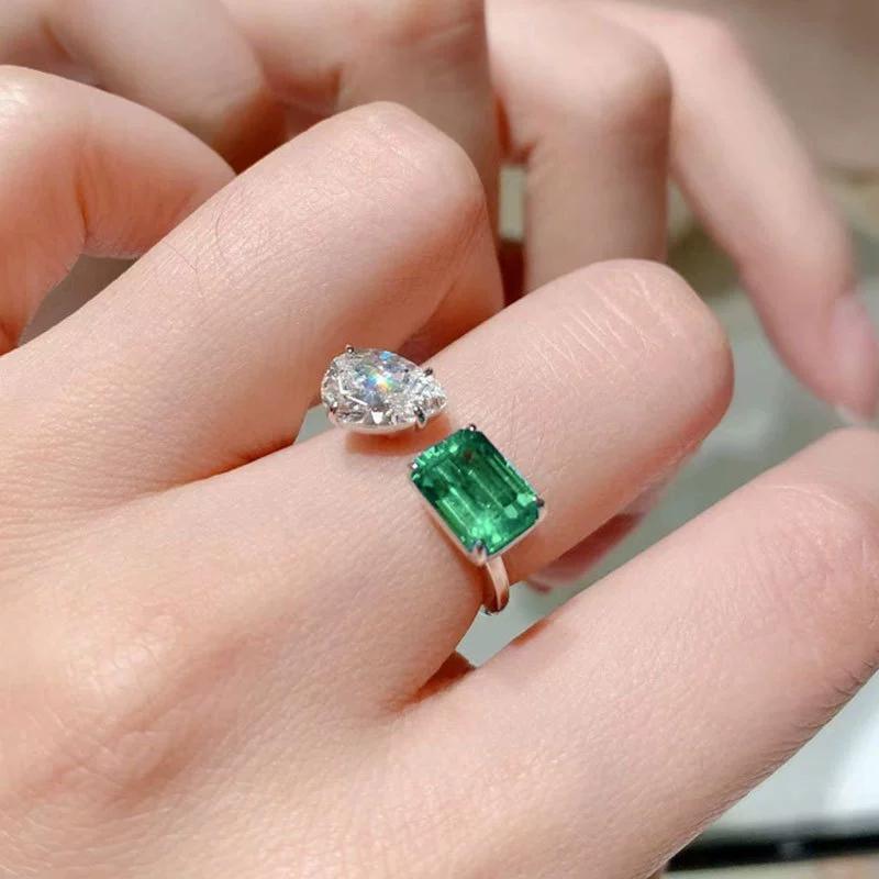 Imitation Emerald Tourmaline Princess Square Temperament Open Ring Female Ring