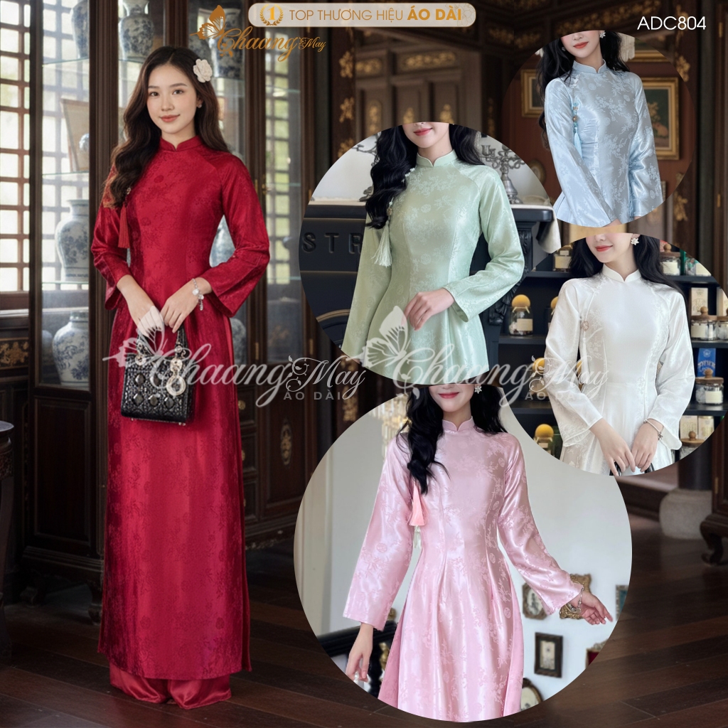 Áo dài truyền thống Ý Liễu gấm hỷ trúc anh đào ADC804 may sẵn tay dài giáo viên dự tiệc cưới lễ tết đẹp