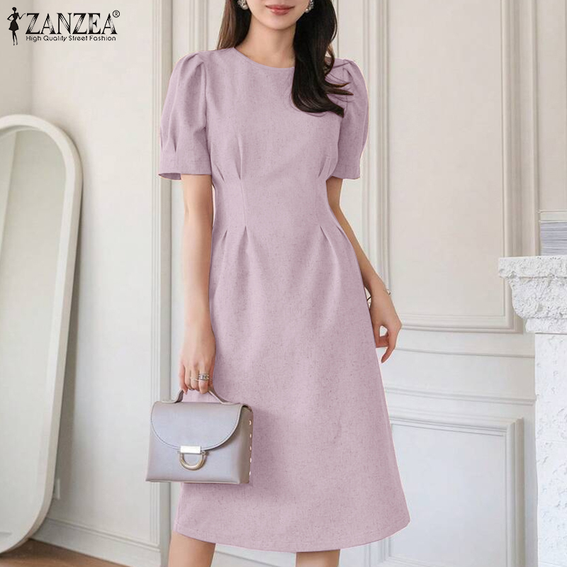 ZANZEA%20Korean%20Style%20Women%20Formal%20Office%20Plain%20Crew%20Neck%20Dresses%20Puff%20Sleeve%20Midi%20Dress%20#0609%20-%20Image%204